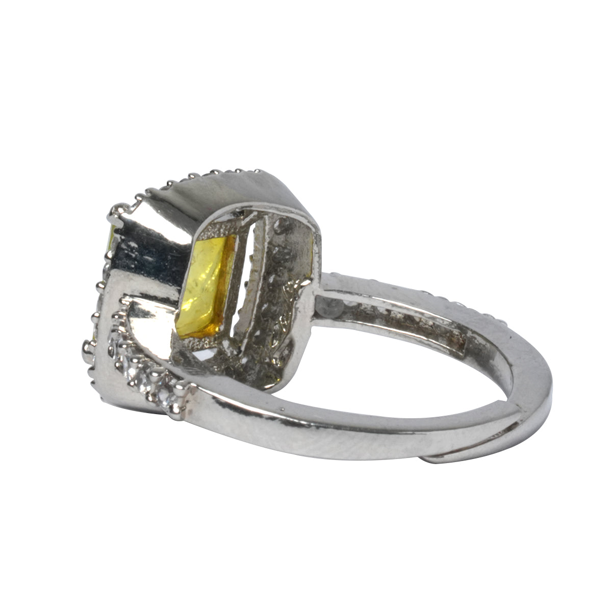 Back and side view of yellow stone ring showing band and setting