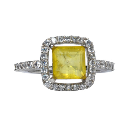 Front view of yellow CZ ring with square stone and white accents